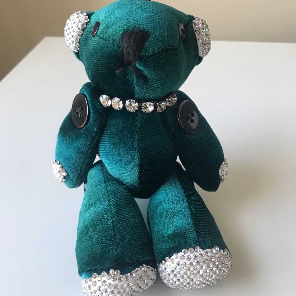 Green Velvet Rhinestone Moveable Bear Bag Charm Key Chain - Picture 8 of 16